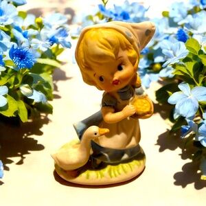 Homco Merry Moppets Little Girl w/ Handkerchief Blue Dress Feeding Duck Figurine